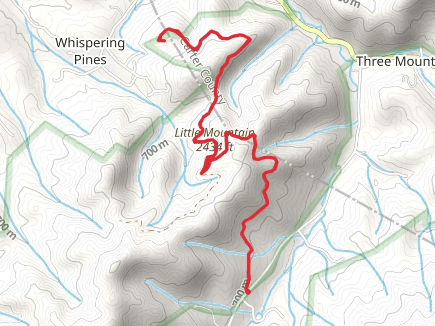 An image depicting the trail Powder Branch Spur and Little Mountain and its surrounding area.