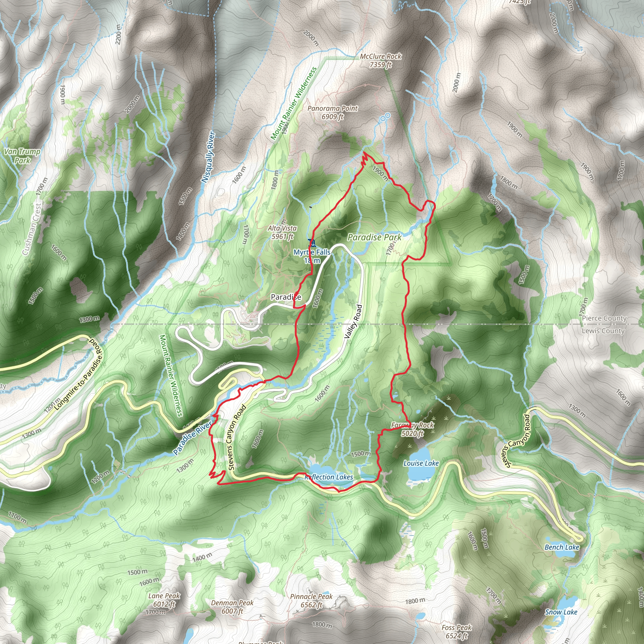 Reflection Lakes via Wonderland Trail and Golden Gate Trail mobile static map