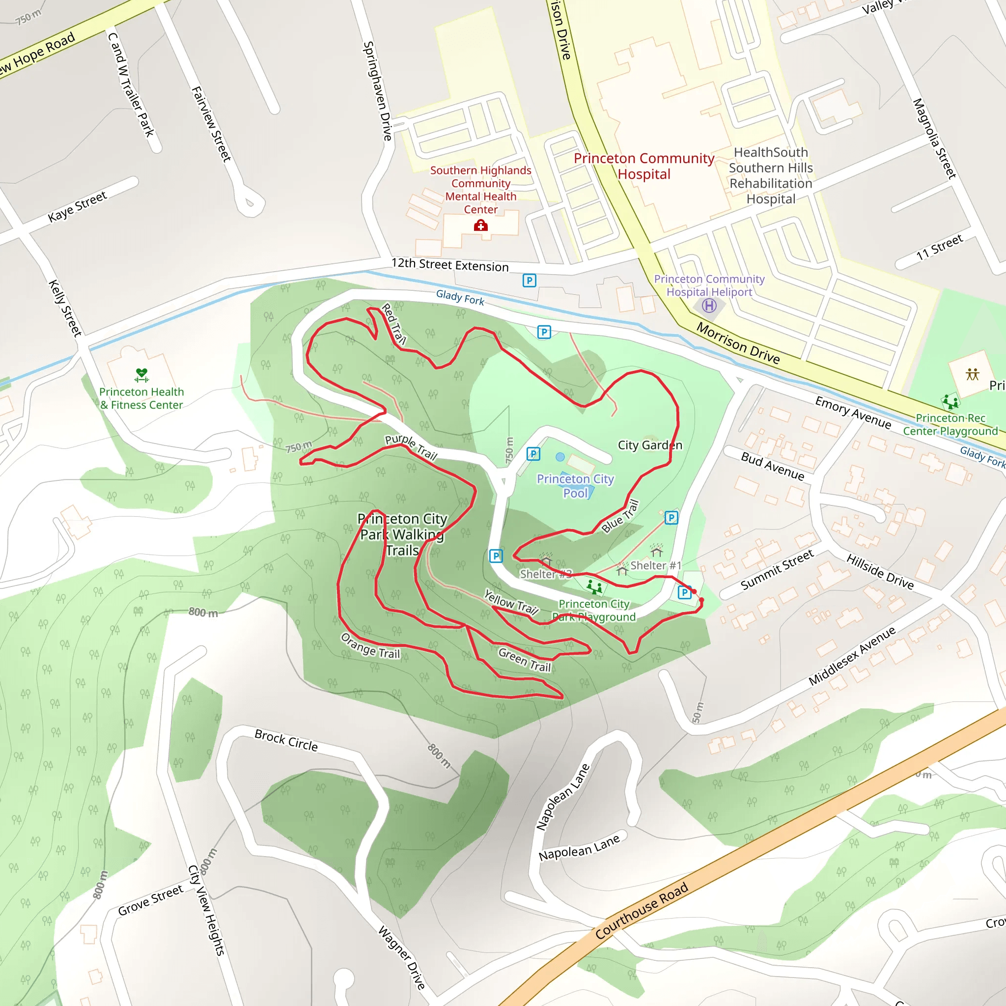 Yellow, Green and Purple Trail Loop in Princeton Youth Park Area mobile static map