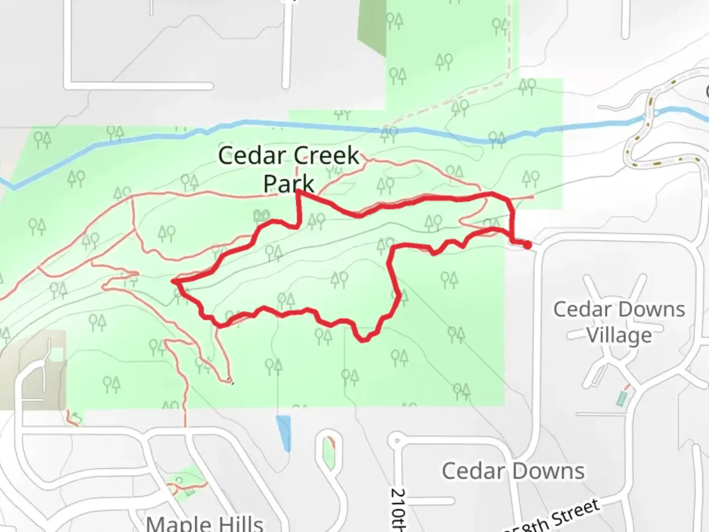 An image depicting the trail Cedar Creek Park Loop and its surrounding area.