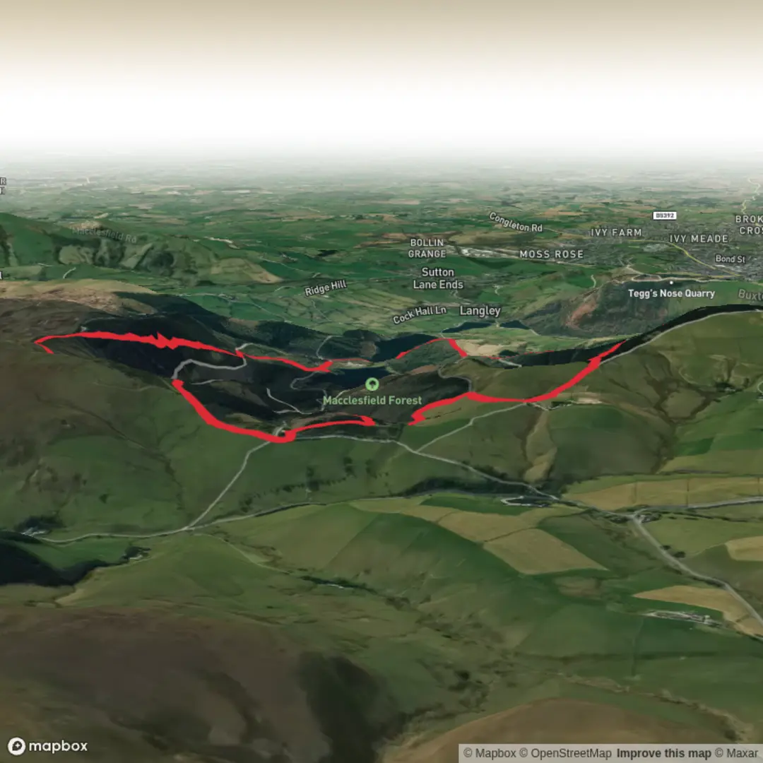 An image depicting the trail Macclesfield Forest via Trentabank Reservoir and Ridgegate Reservoir and its surrounding area.