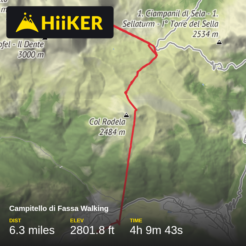 A map preview of the recording Campitello di Fassa Walking.