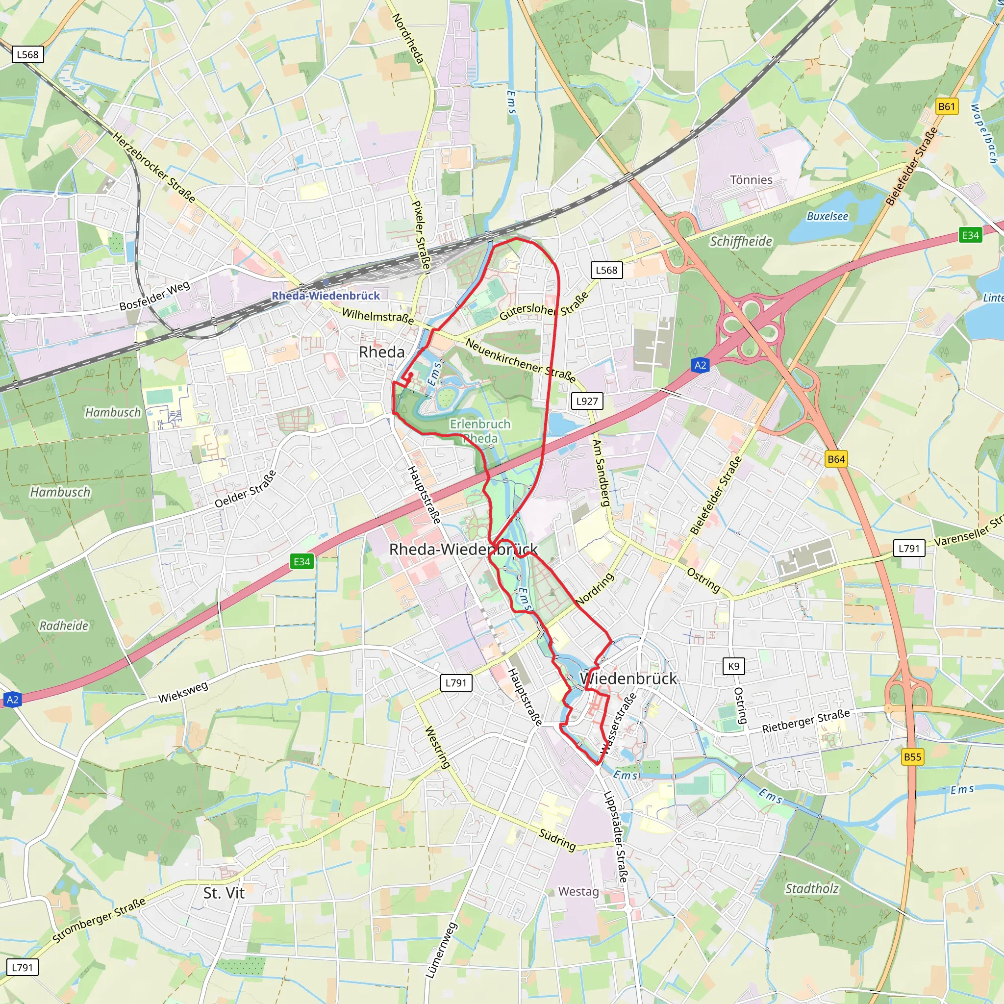 Erlenbruch and Emssee via Emsweg and Ems Wall Promenade mobile static map