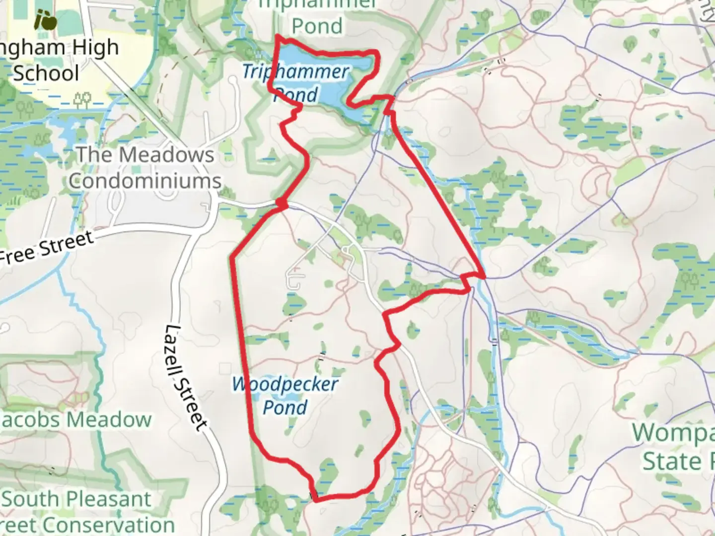 An image depicting the trail Triphammer Pond and Woodpecker Pond Loop and its surrounding area.