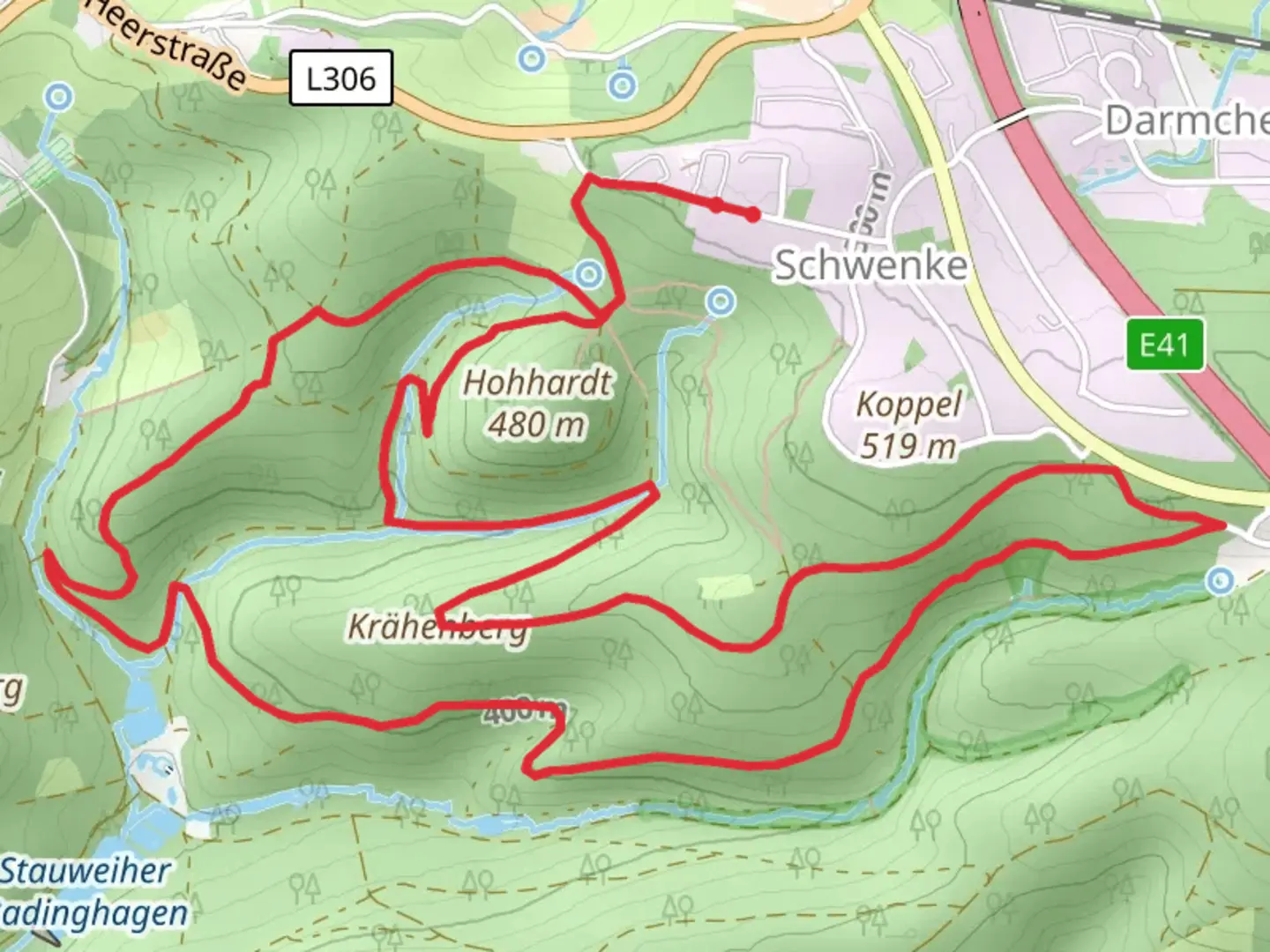 An image depicting the trail Krähenberg via Volme Hoehen Weg and its surrounding area.