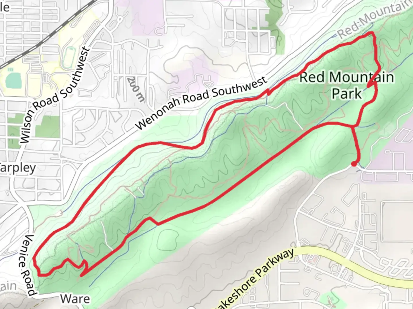 An image depicting the trail Red Montain Park Loop and its surrounding area.
