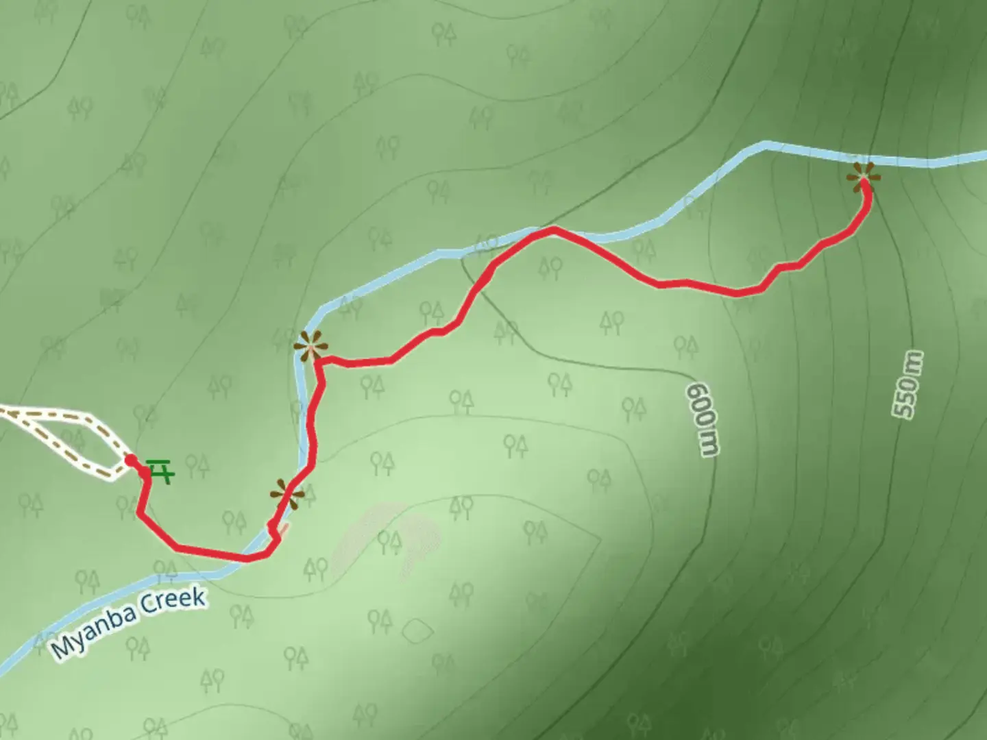 An image depicting the trail Myanba Gorge Track and its surrounding area.