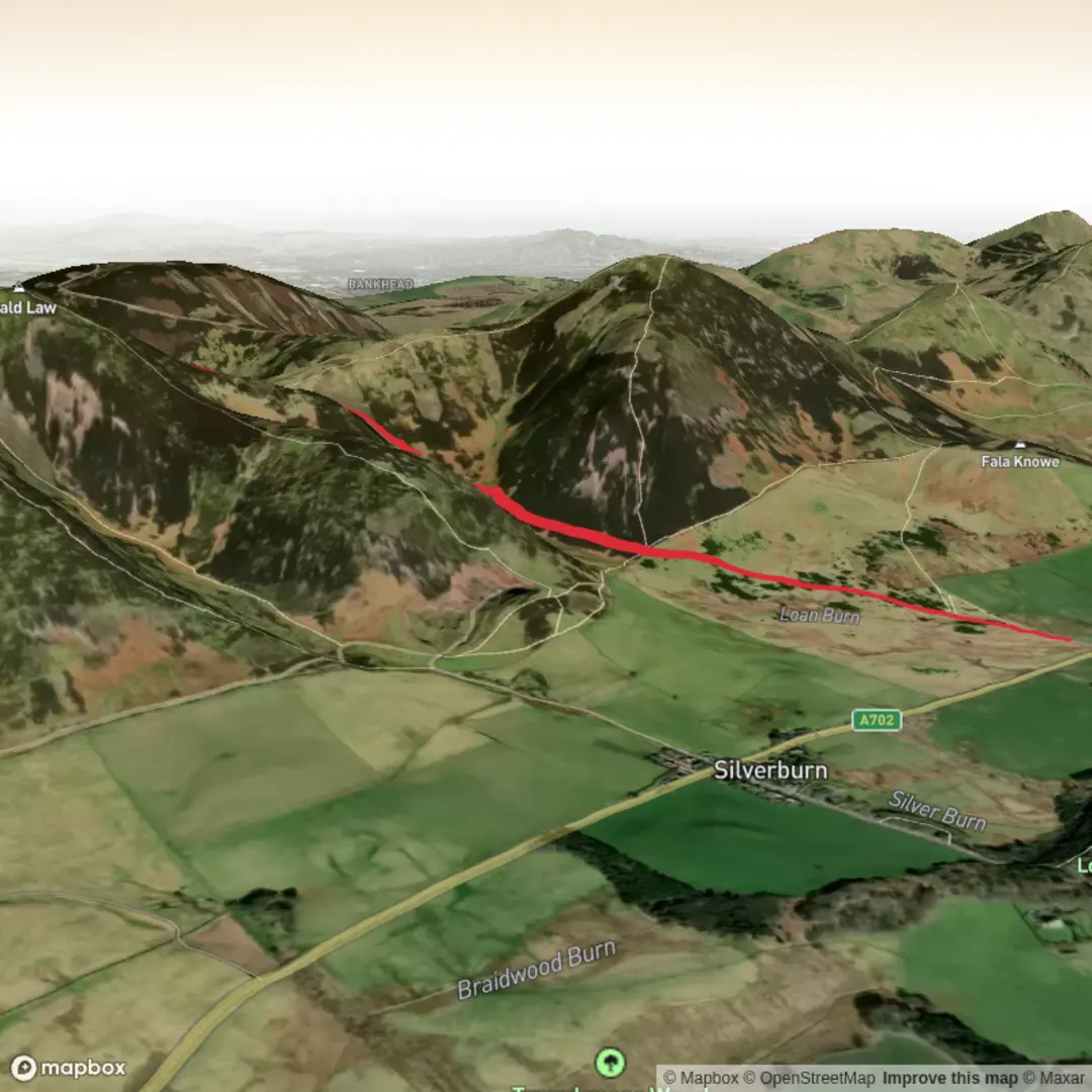 An image depicting the trail Scald Law via Old Kirk Road and its surrounding area.