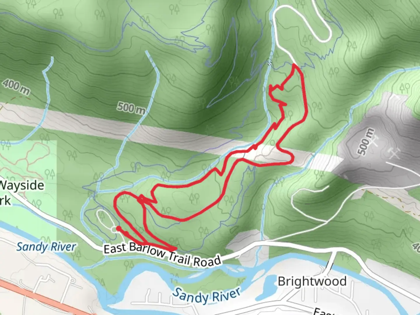 An image depicting the trail Hide and Seek and Forest Road Loop and its surrounding area.