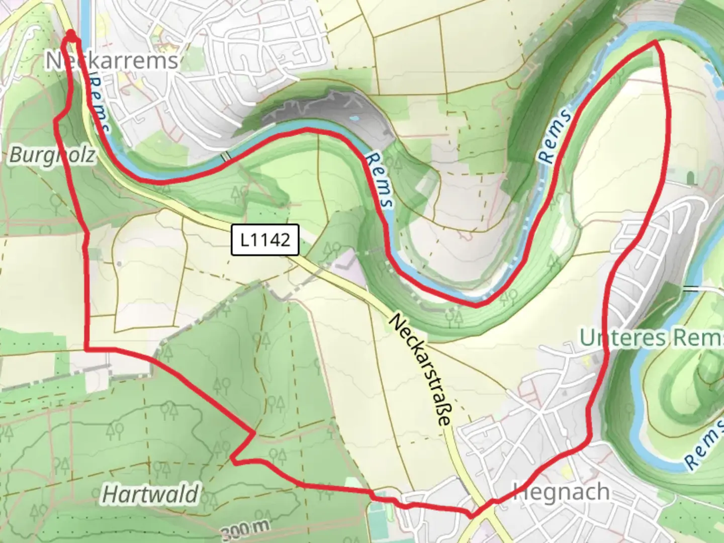 An image depicting the trail Rems via Rundweg 2 and its surrounding area.