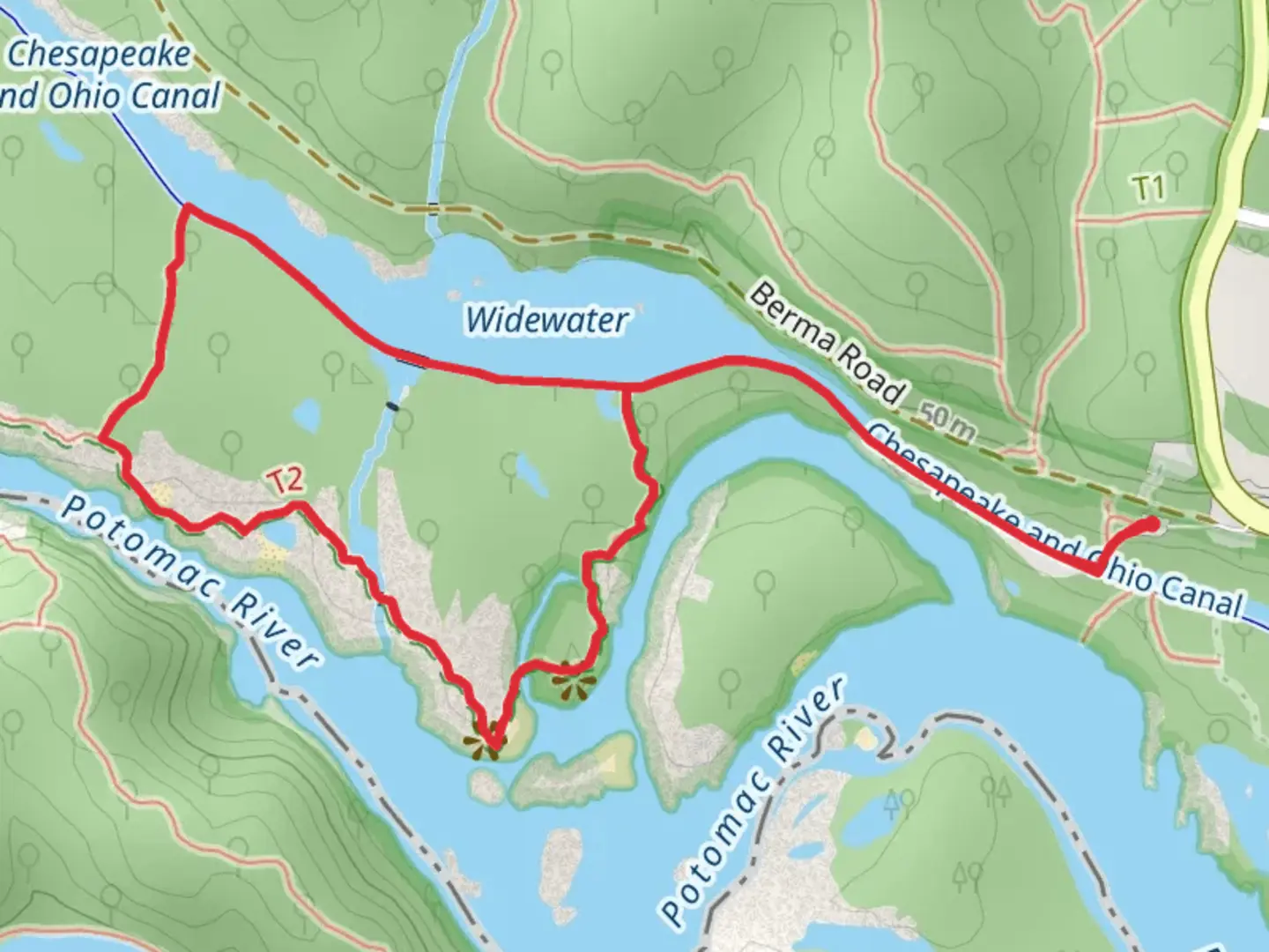 An image depicting the trail Chesapeake and Ohio Canal and Billy Goat Trail Section A Loop and its surrounding area.
