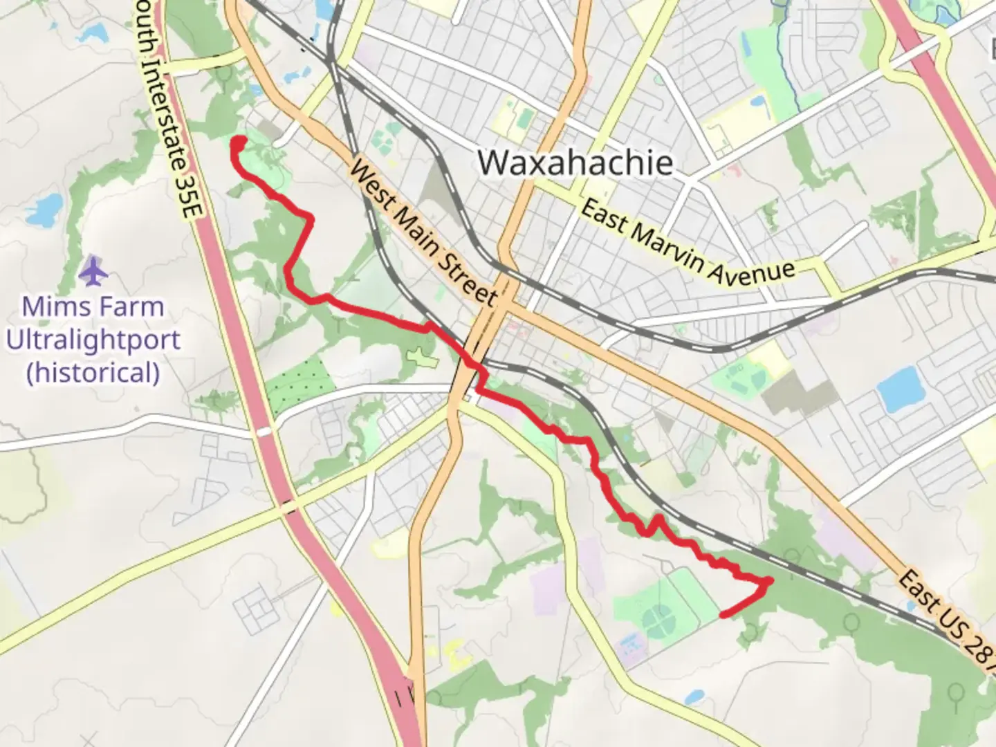 An image depicting the trail Waxahachie Creek Hike Trail and its surrounding area.