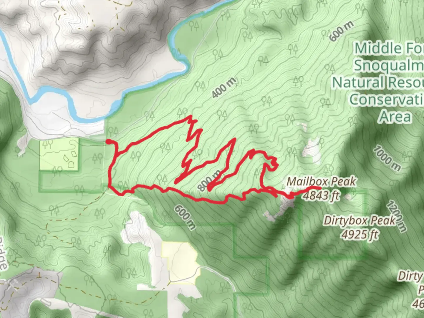 An image depicting the trail Mailbox Peak Old Trail and Mailbox Peak Trail and its surrounding area.