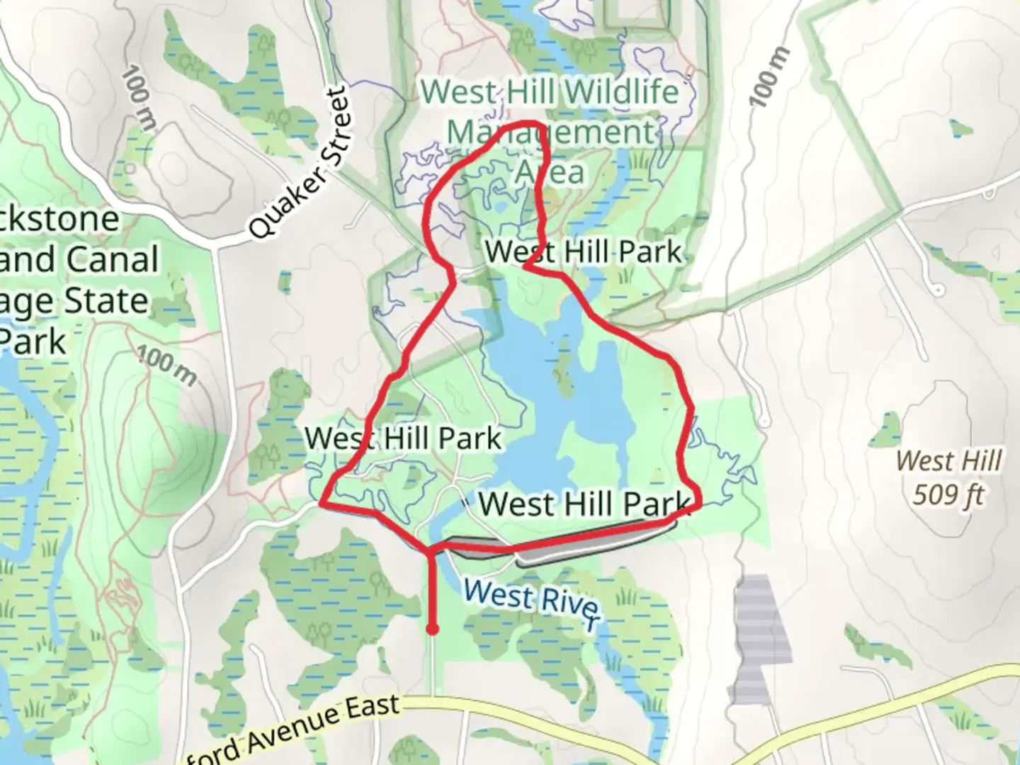 An image depicting the trail West Hill Reservoir and West Hill Park Loop and its surrounding area.