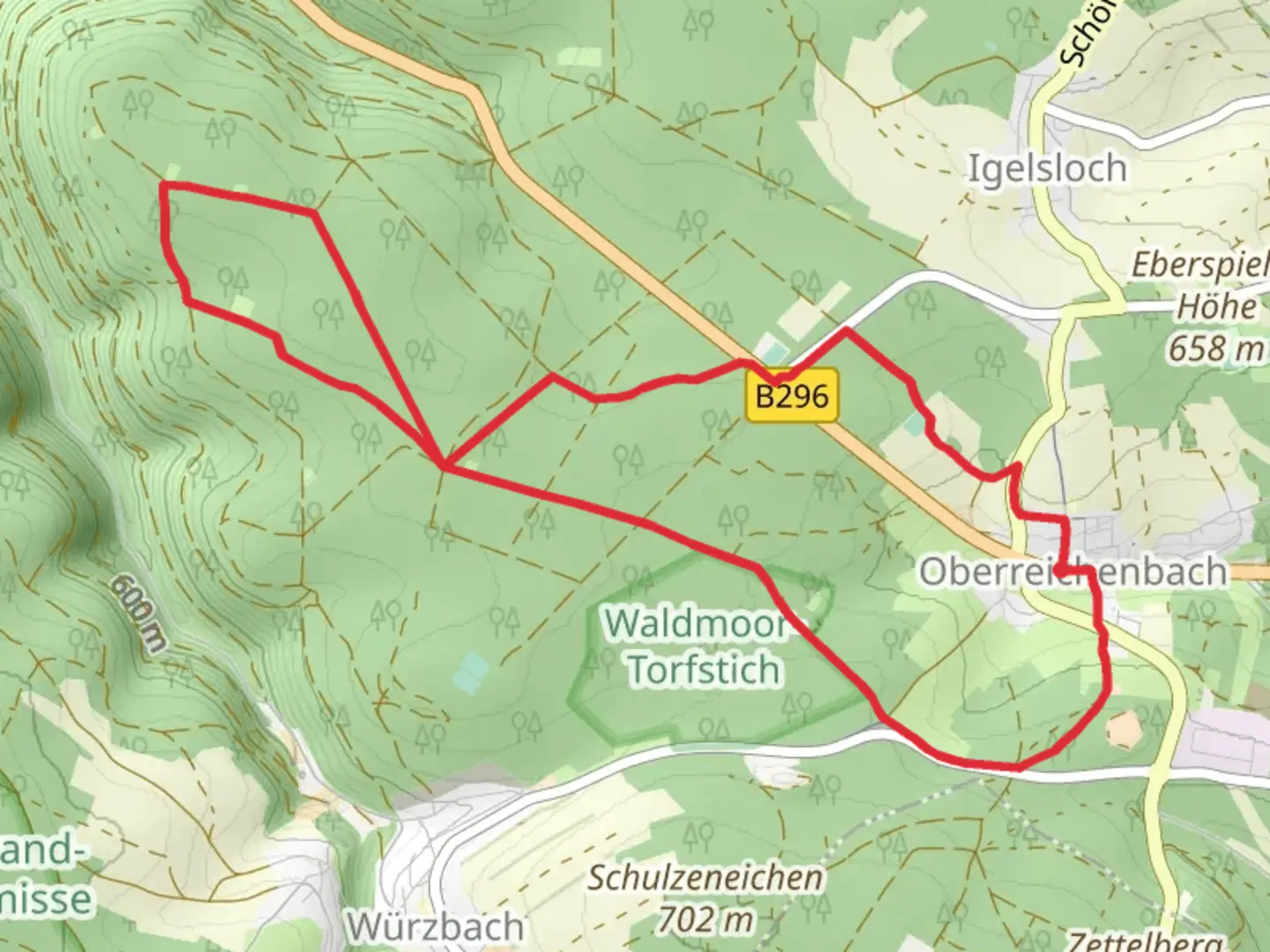 An image depicting the trail Oberreichenbach Loop viaa Kohlhutte and Fohrbrunnenhutte and its surrounding area.
