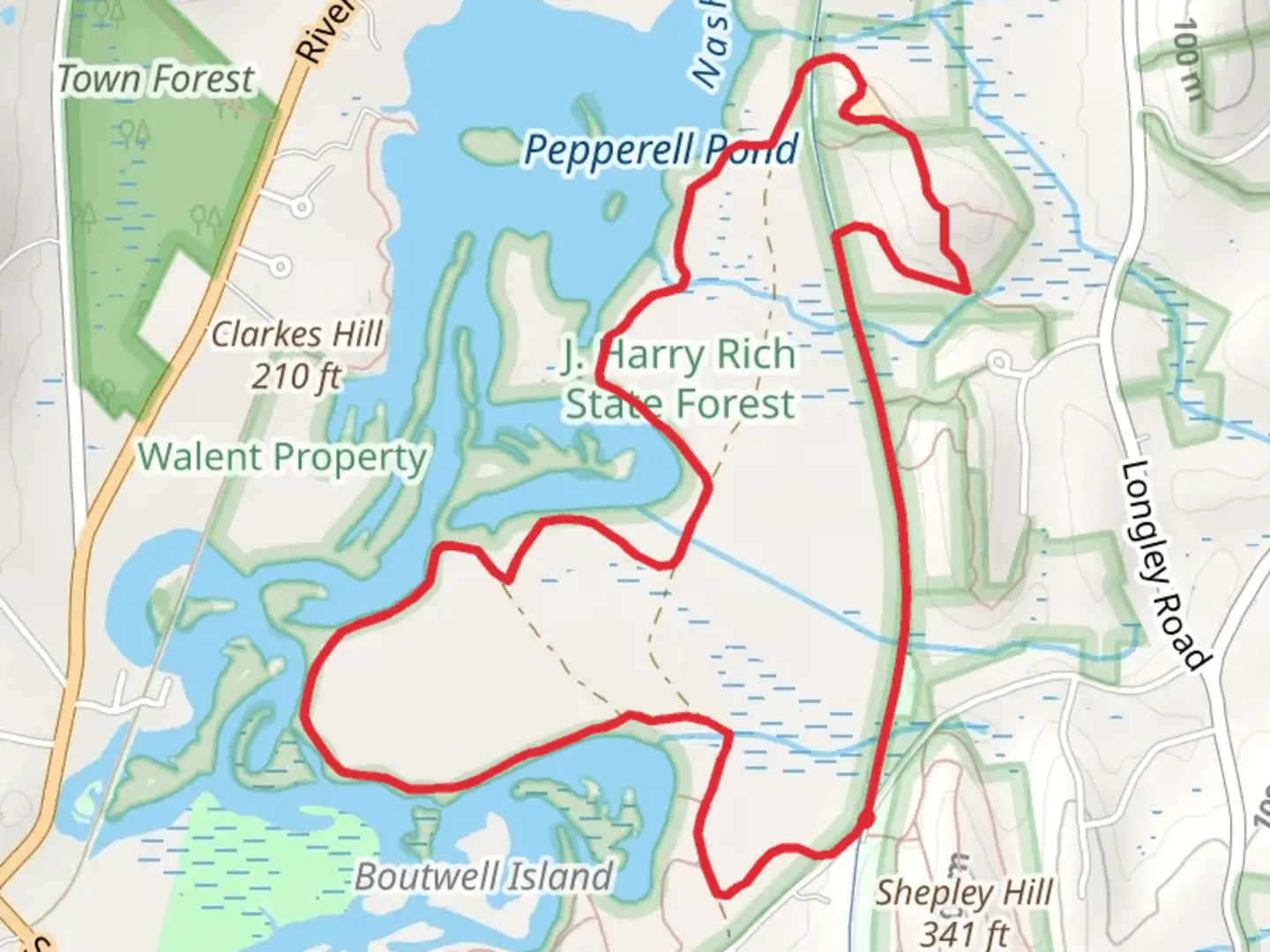 An image depicting the trail Nashua Nature Trail and Groton Loop and its surrounding area.