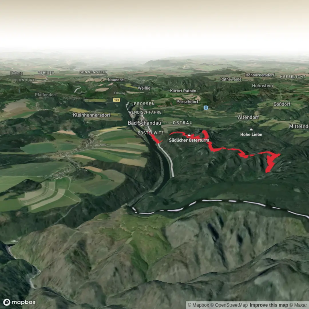 An image depicting the trail Schmilka, Heringsgrund, Schrammsteine and Postelwitz - Krippen and its surrounding area.