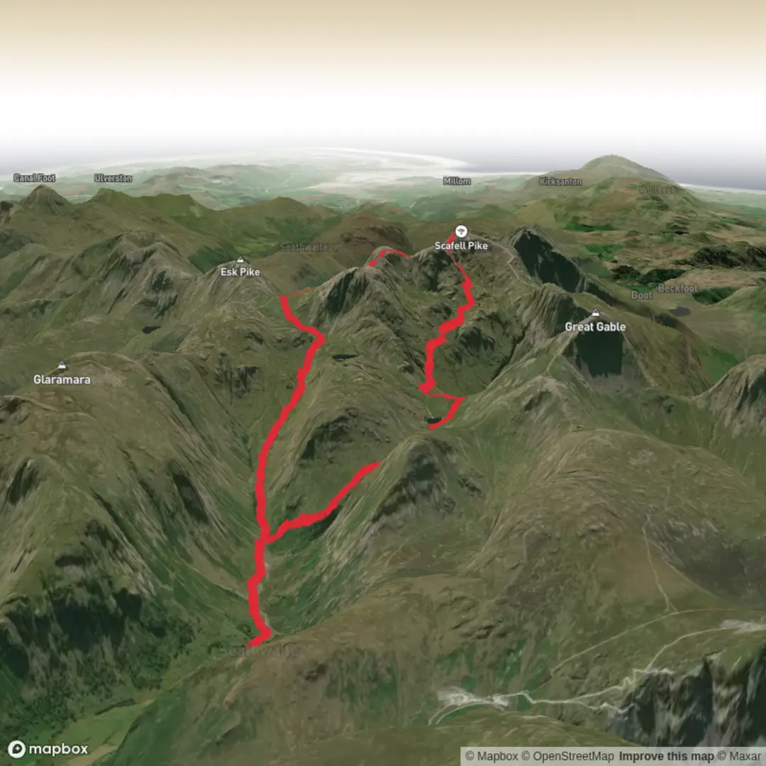 An image depicting the trail Scafell Pike from Seathwaite Farm return via Corridor Route and its surrounding area.