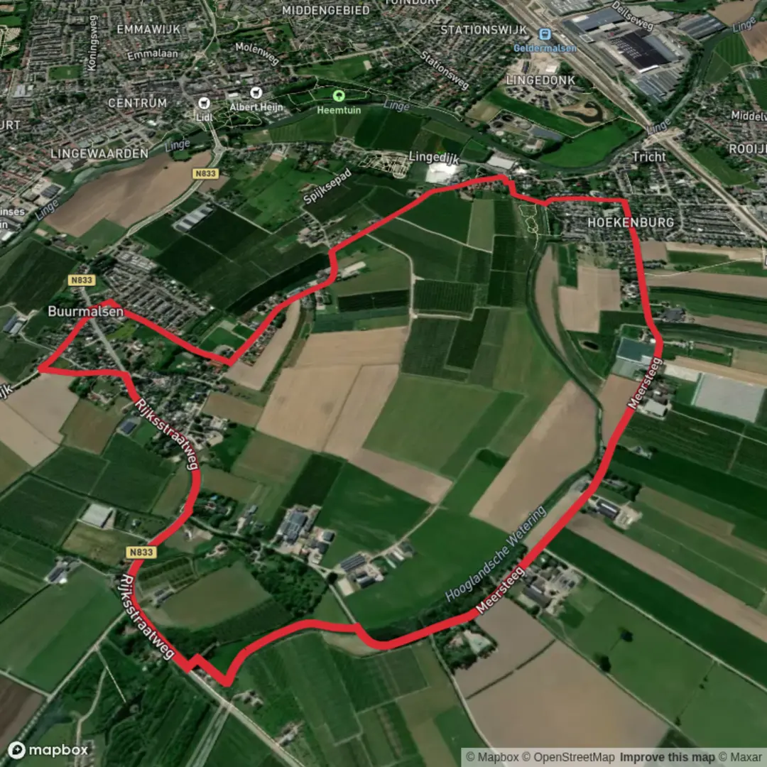 An image depicting the trail Reygersvoort via Groene Weg and Meersteeg and its surrounding area.