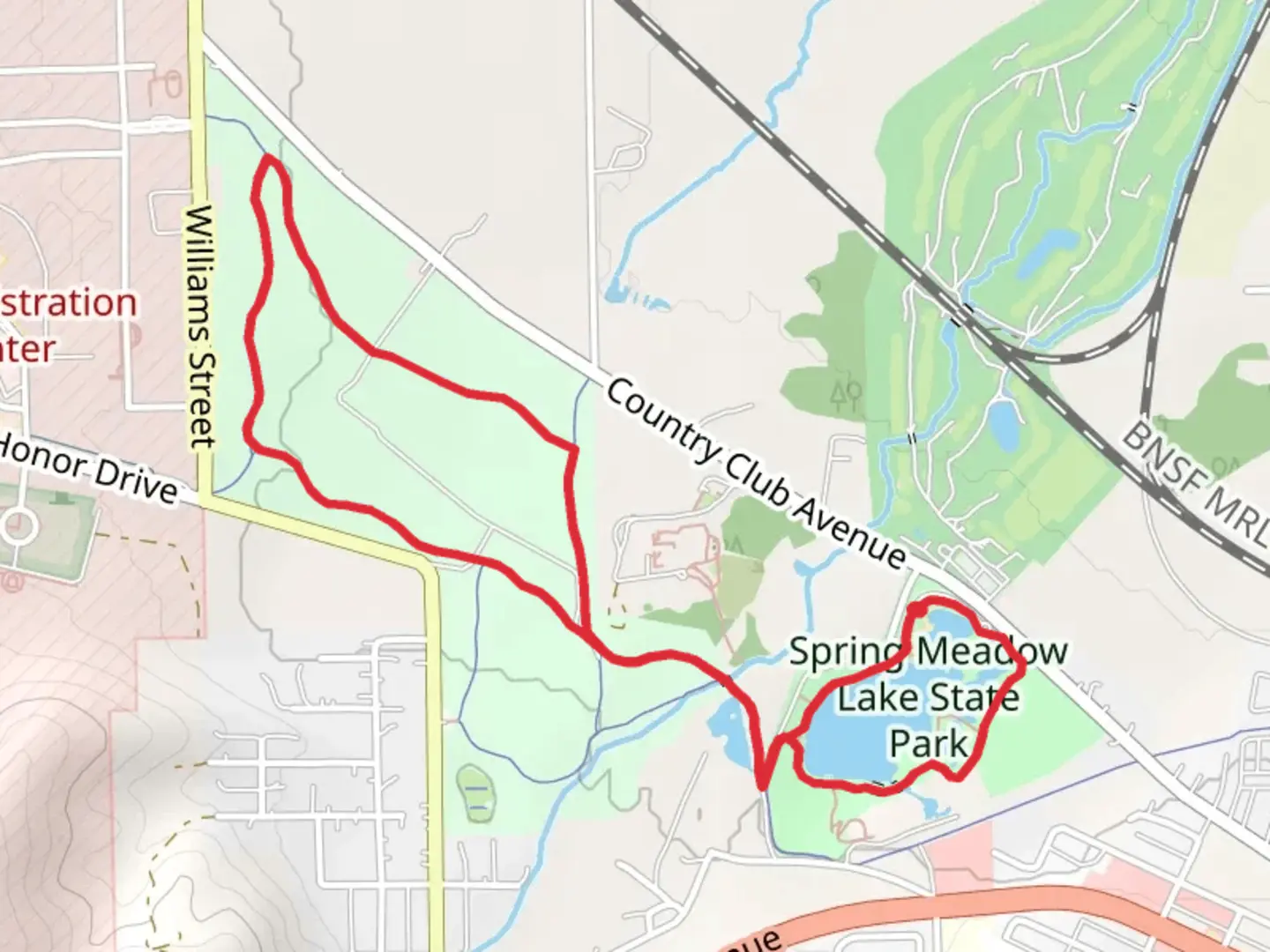 An image depicting the trail Spring Meadow Lake and William Gruber Loop Trail and its surrounding area.