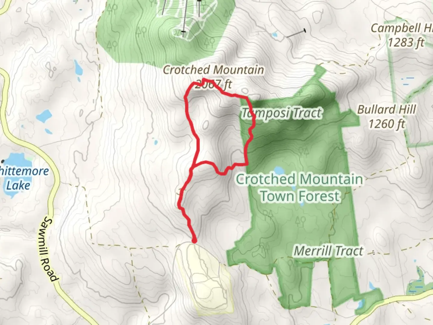 An image depicting the trail Crotched Mountain Loop and its surrounding area.