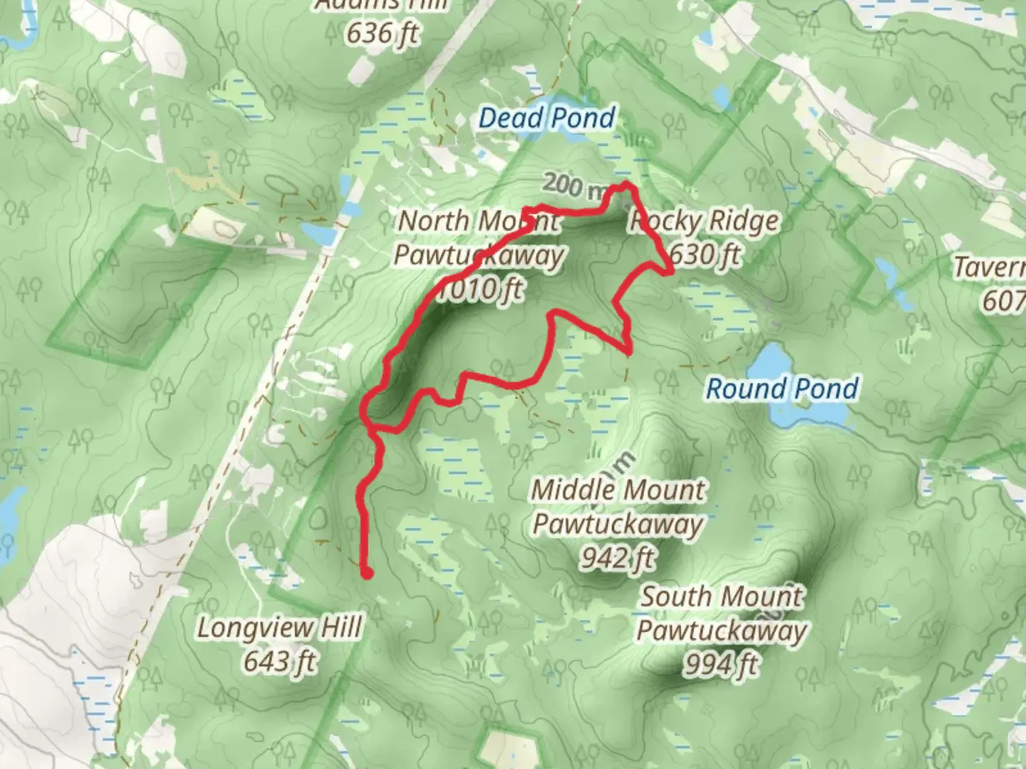 An image depicting the trail North Mount Pawtuckaway and Rocky Ridge Loop and its surrounding area.