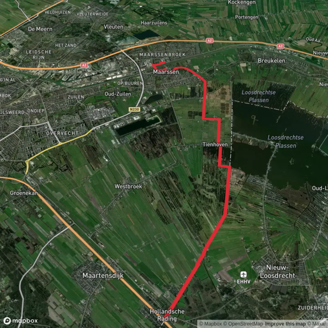 An image depicting the trail Hollandsche Rading to Maarssen via Tienhovensche and Maarsseveen and its surrounding area.