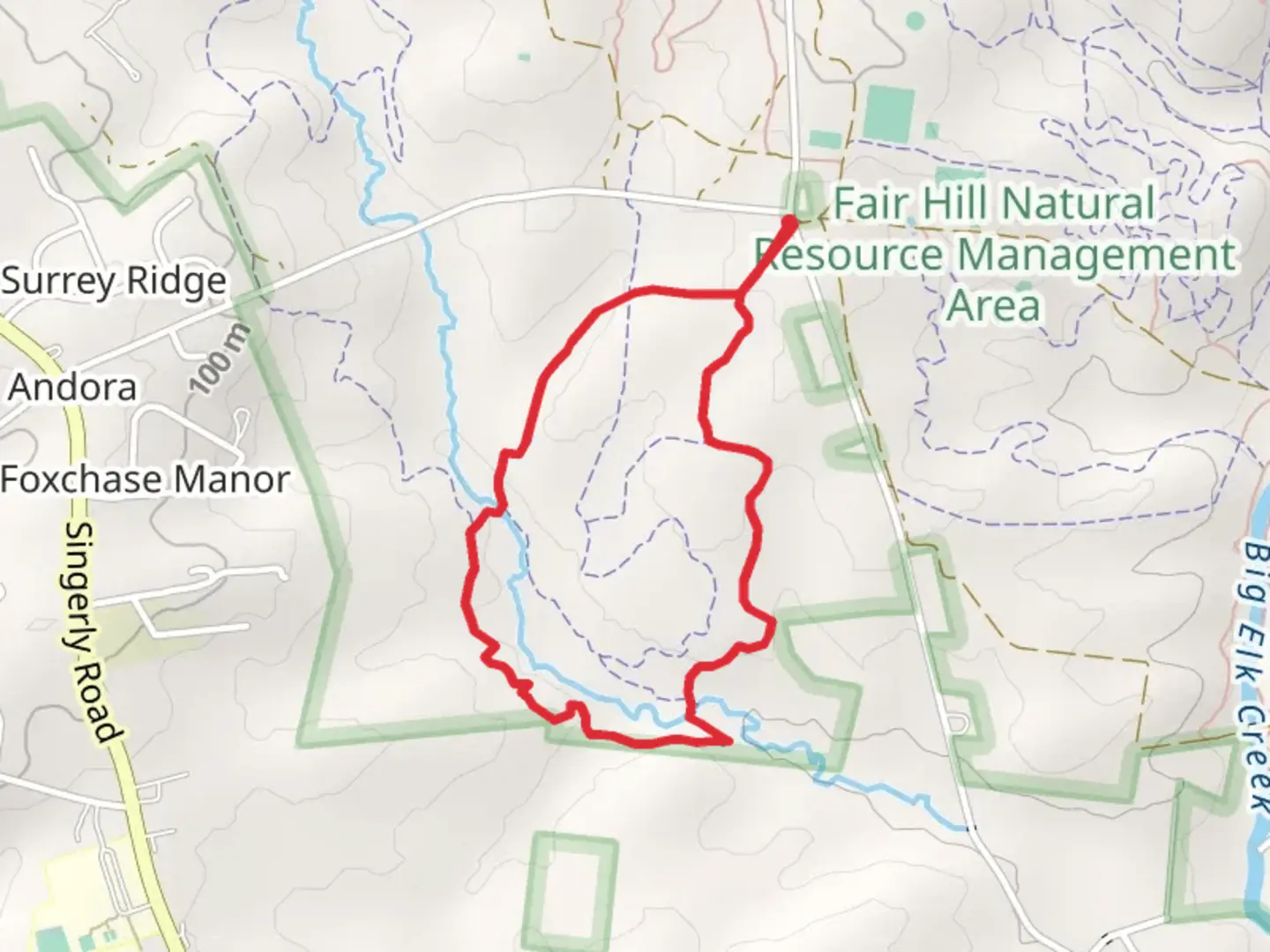 An image depicting the trail Grammies Run - Red Loop Trail and its surrounding area.