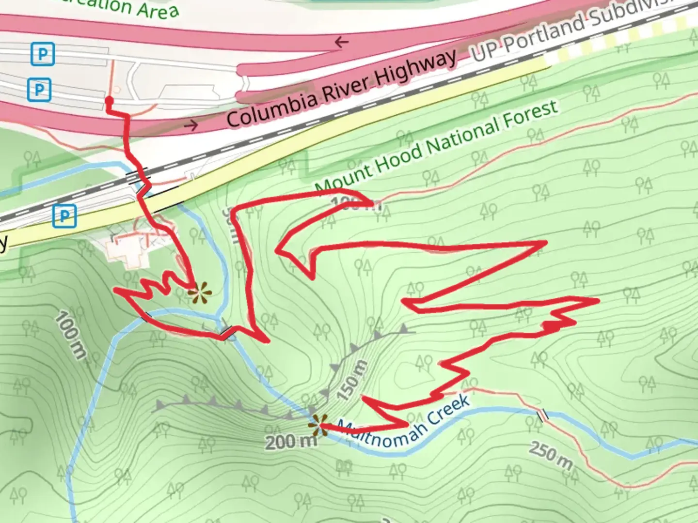 An image depicting the trail Multnomah Creek via Larch Mountain Trail and its surrounding area.