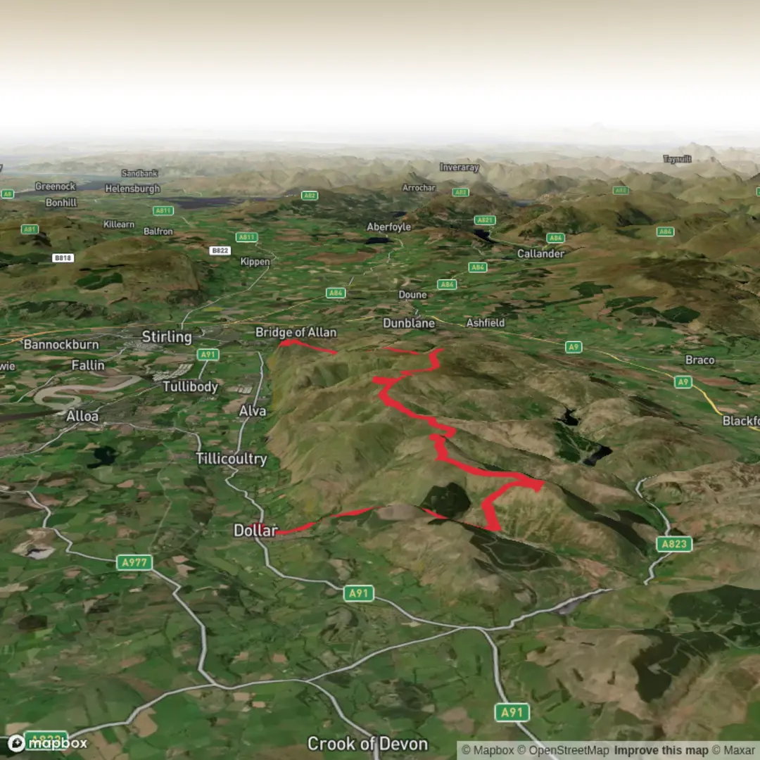 An image depicting the trail Full Ochils front and its surrounding area.