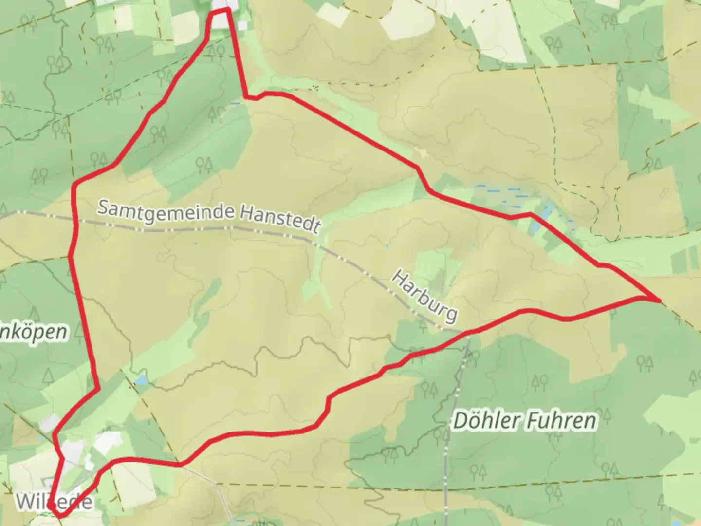An image depicting the trail Undeloh and Pastor Bode Weg and its surrounding area.