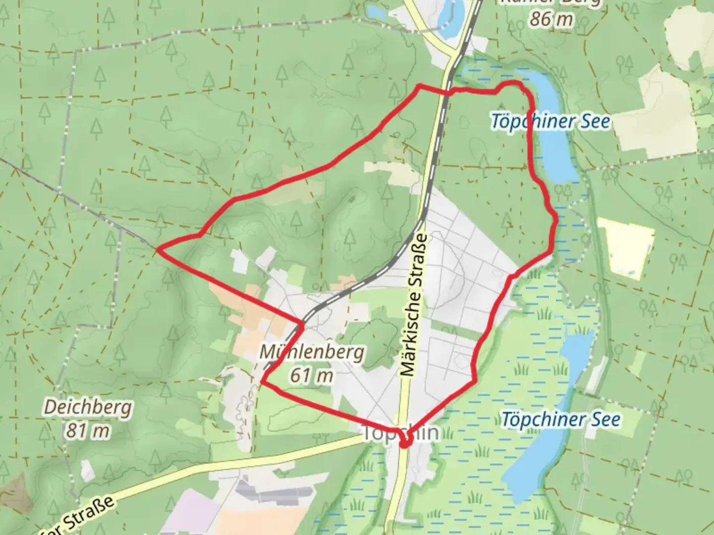 An image depicting the trail Töpchiner See via Rundwanderweg Töpchin and its surrounding area.