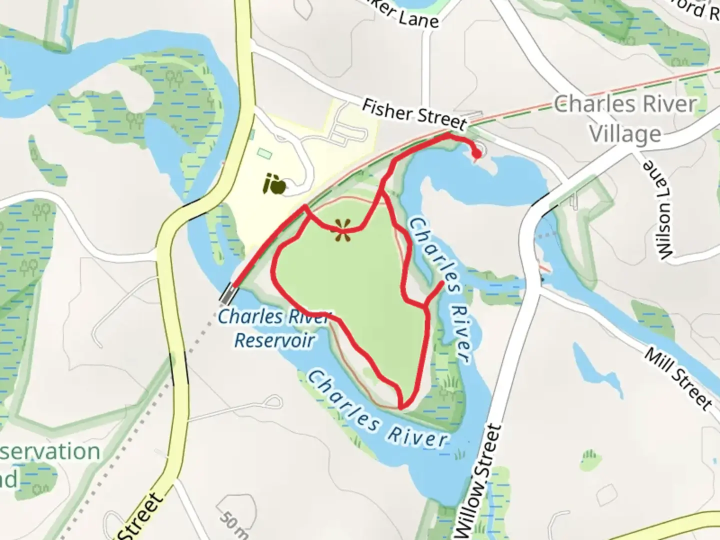 An image depicting the trail Charles River Loop and its surrounding area.