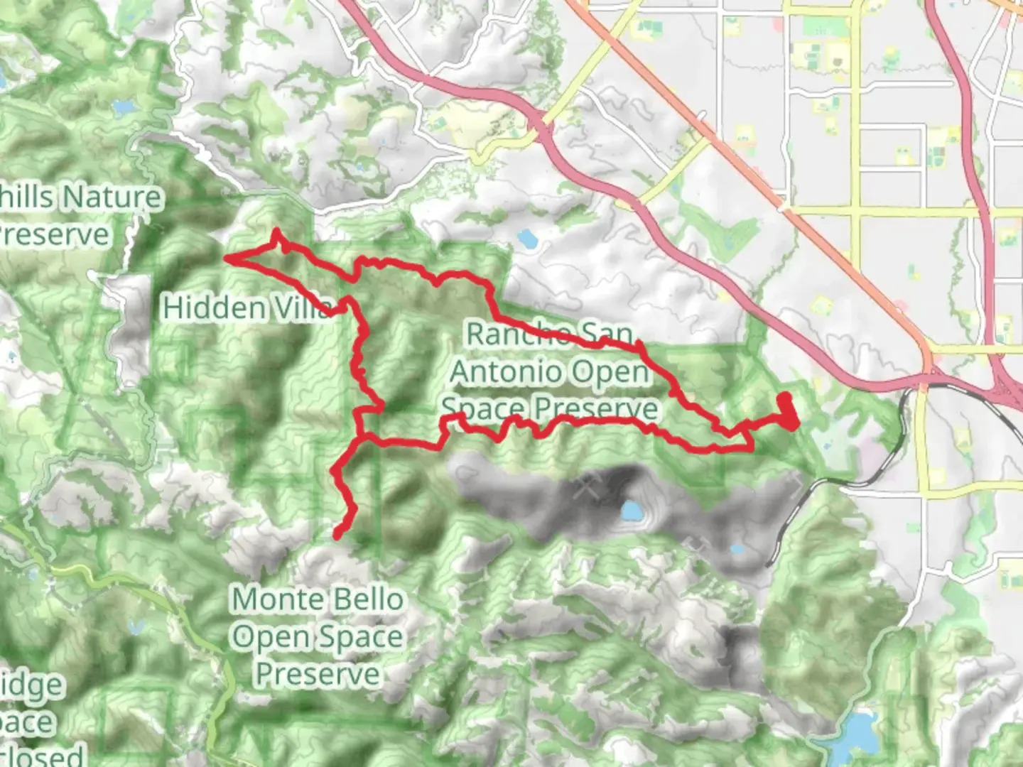 An image depicting the trail Chamise, Elephant Mountain, Black Mountain and Stephen E Abbors Loop Trail and its surrounding area.