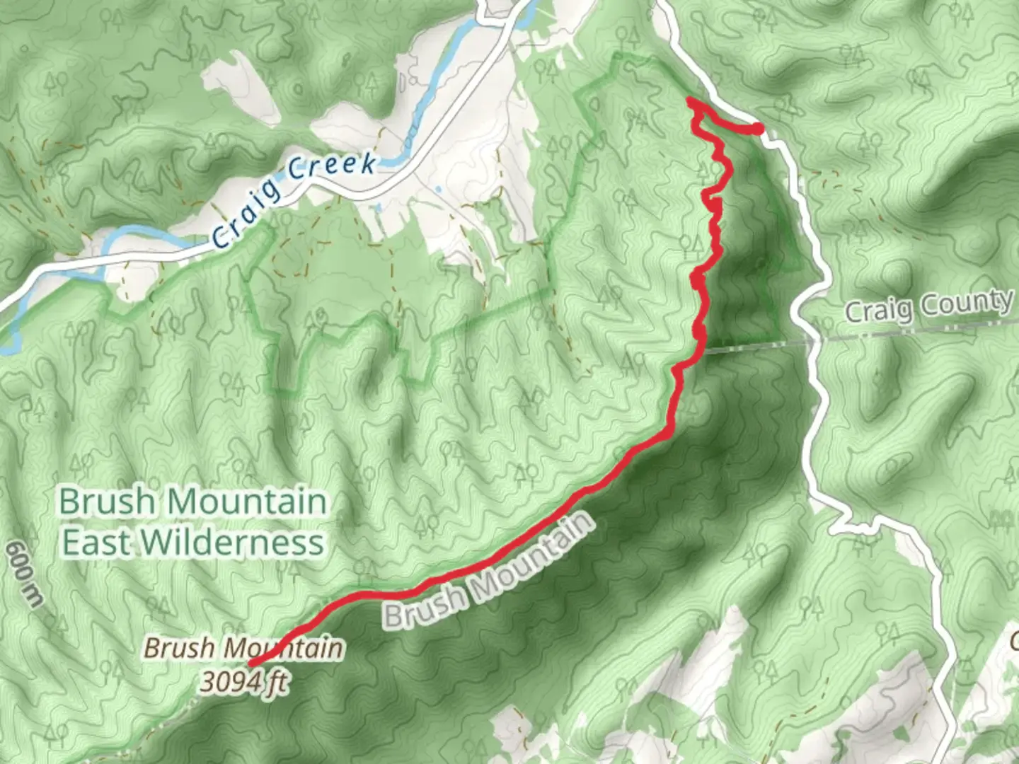 An image depicting the trail Brush Mountain via Appalachian Trail from State Route 620 and its surrounding area.