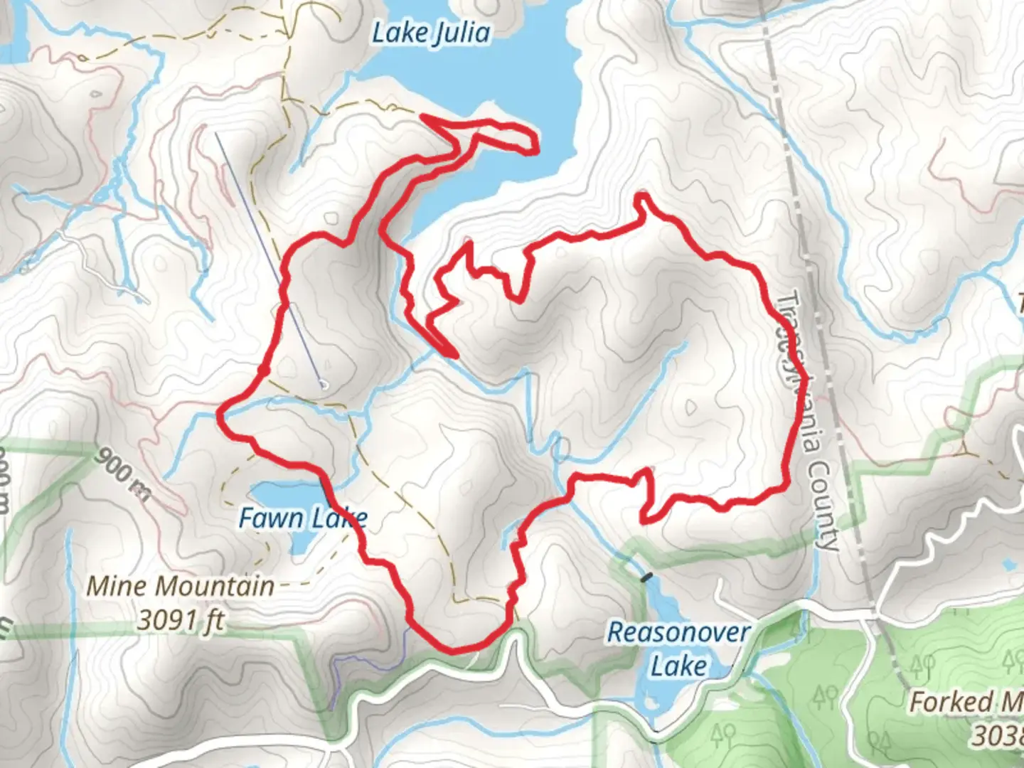 An image depicting the trail Fawn Lake, Reasonover Creek Trail and Lake Julia Loop and its surrounding area.