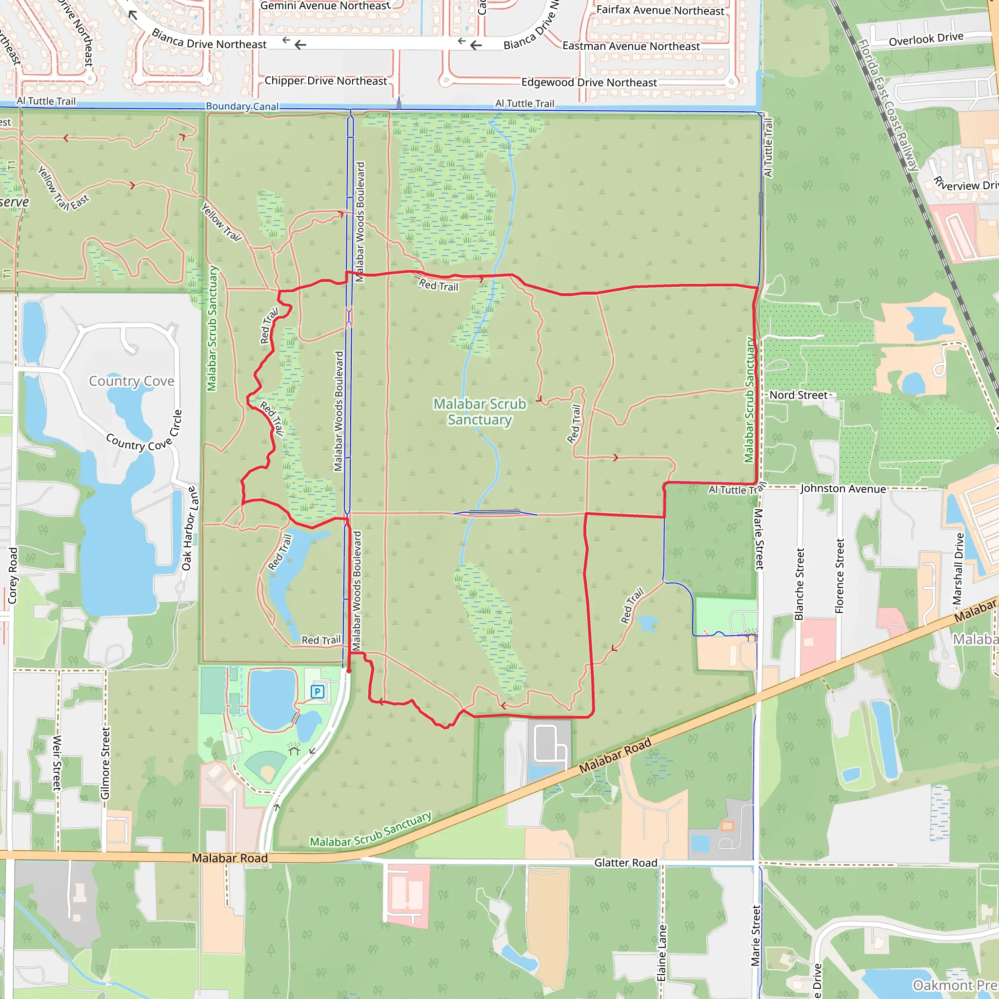 Al Tuttle, Red and Malabar Woods Boulevard Loop Trail mobile static map