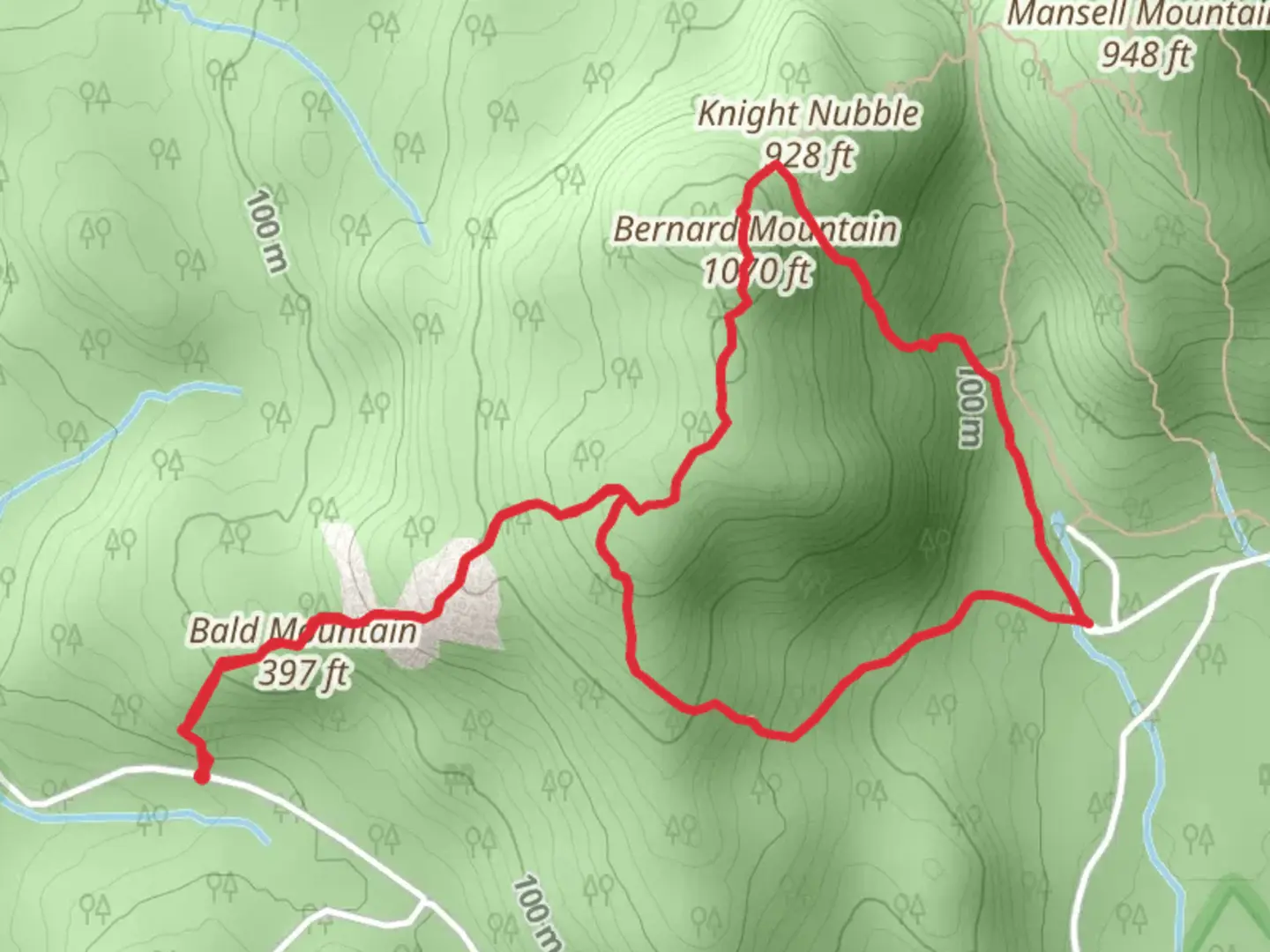 An image depicting the trail Bald Mountain to Knight Nubble and its surrounding area.