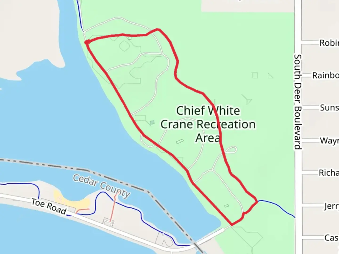 An image depicting the trail Chief White Crane Recreation Area Loop and its surrounding area.