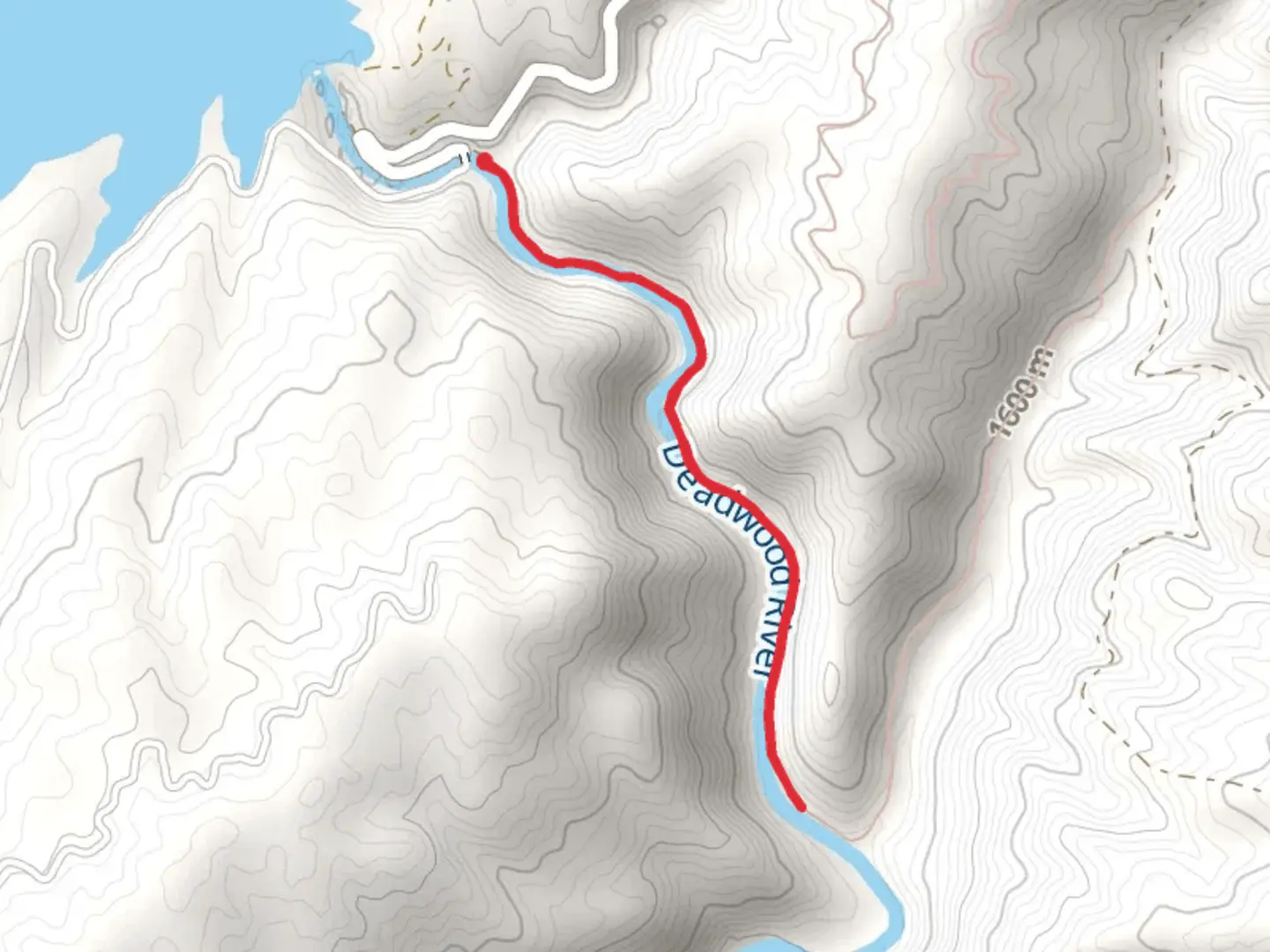 An image depicting the trail Deadwood River Out and Back and its surrounding area.