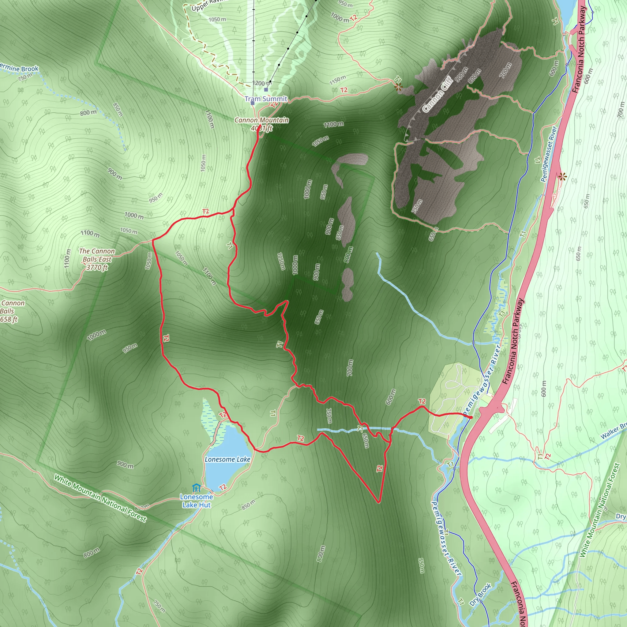 Cannon Mountain and Lonesome Lake Loop Trail mobile static map
