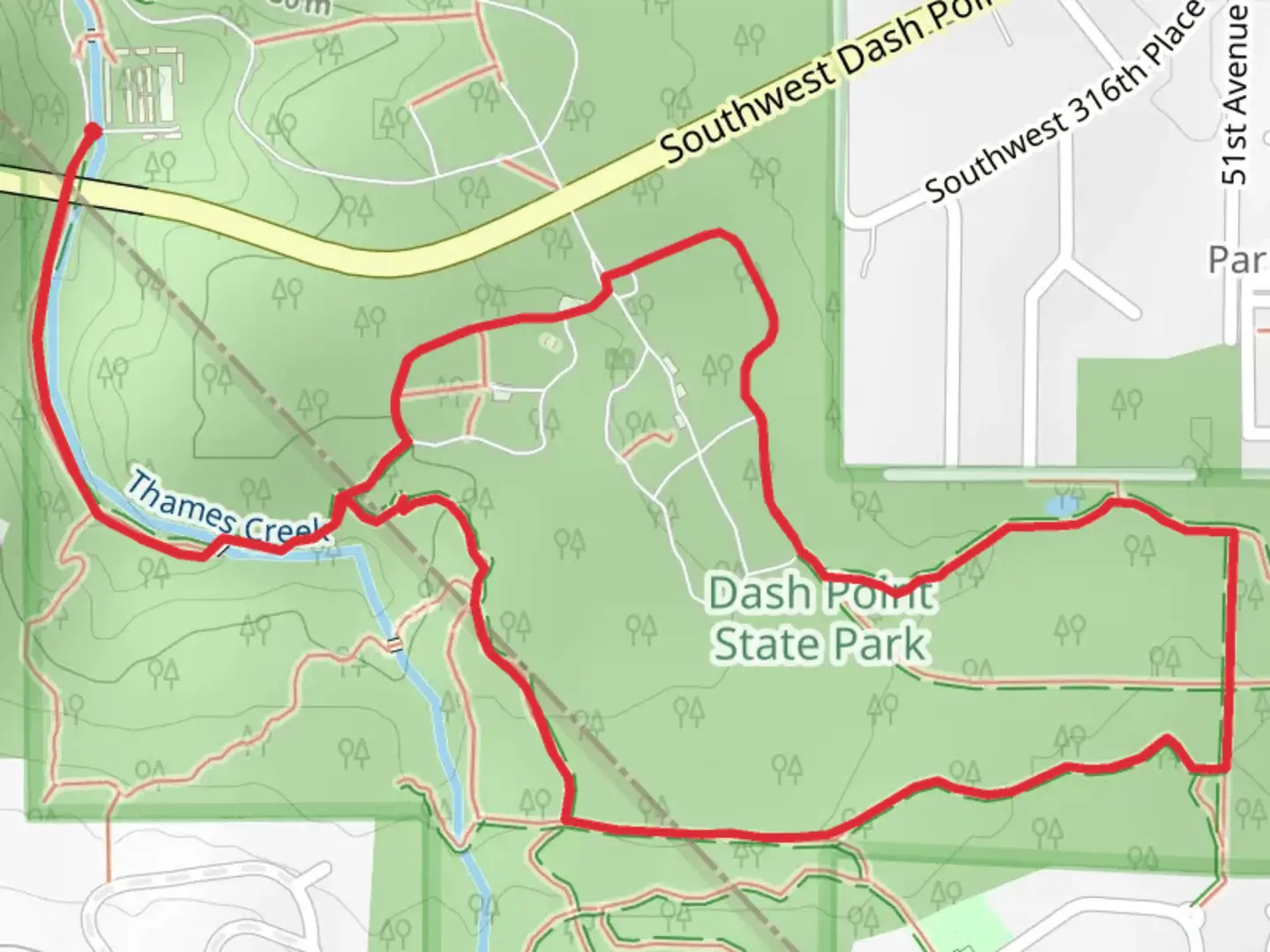 An image depicting the trail Thames Creek Beach, Fern Alley and Outbound Loop Trail and its surrounding area.