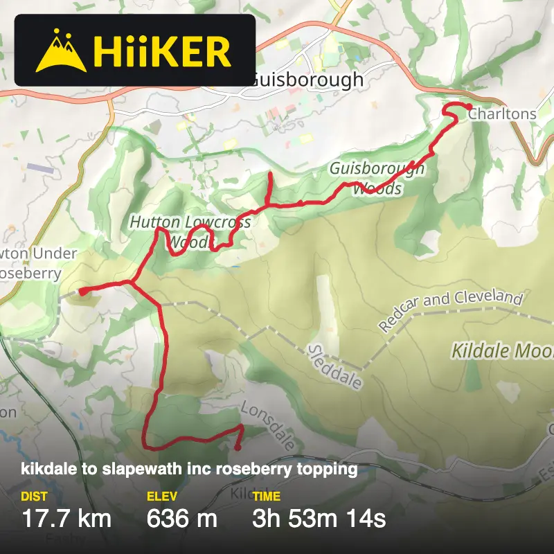 A map preview of the recording kikdale to slapewath inc roseberry topping .