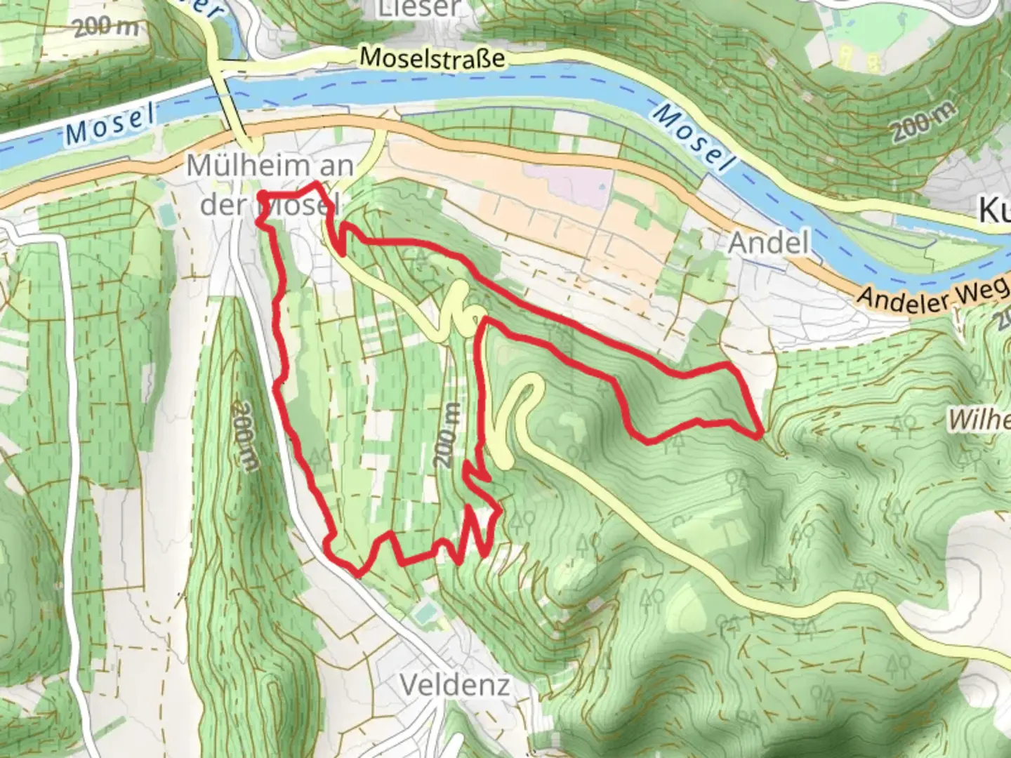 An image depicting the trail Muelheim am der Mosel Loop and its surrounding area.