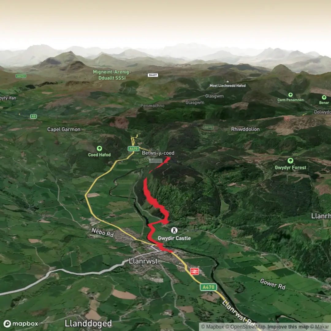 An image depicting the trail Llanrwst to Betws y Coed and its surrounding area.