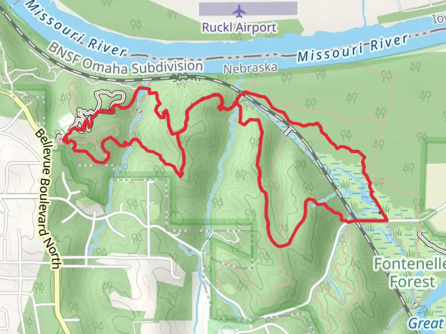 An image depicting the trail Hackberry Trail, Hawthorn Trail and Oak Loop Trail and its surrounding area.