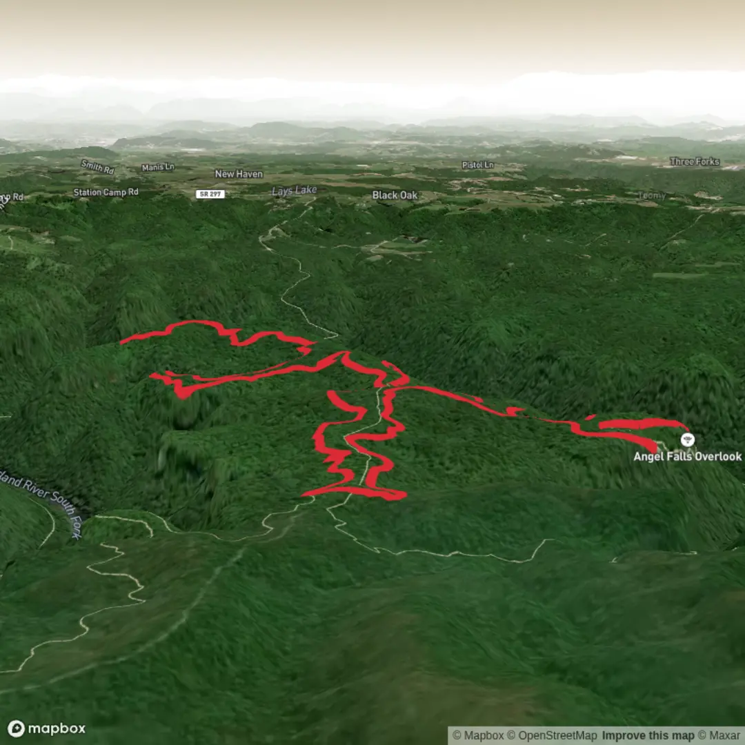 An image depicting the trail Angel Falls Overlook via Grand Gap Loop and its surrounding area.