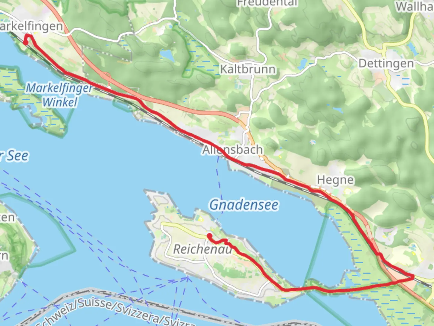 An image depicting the trail Markelfingen to Reichenau Coastal Walk - Gnadensee and its surrounding area.