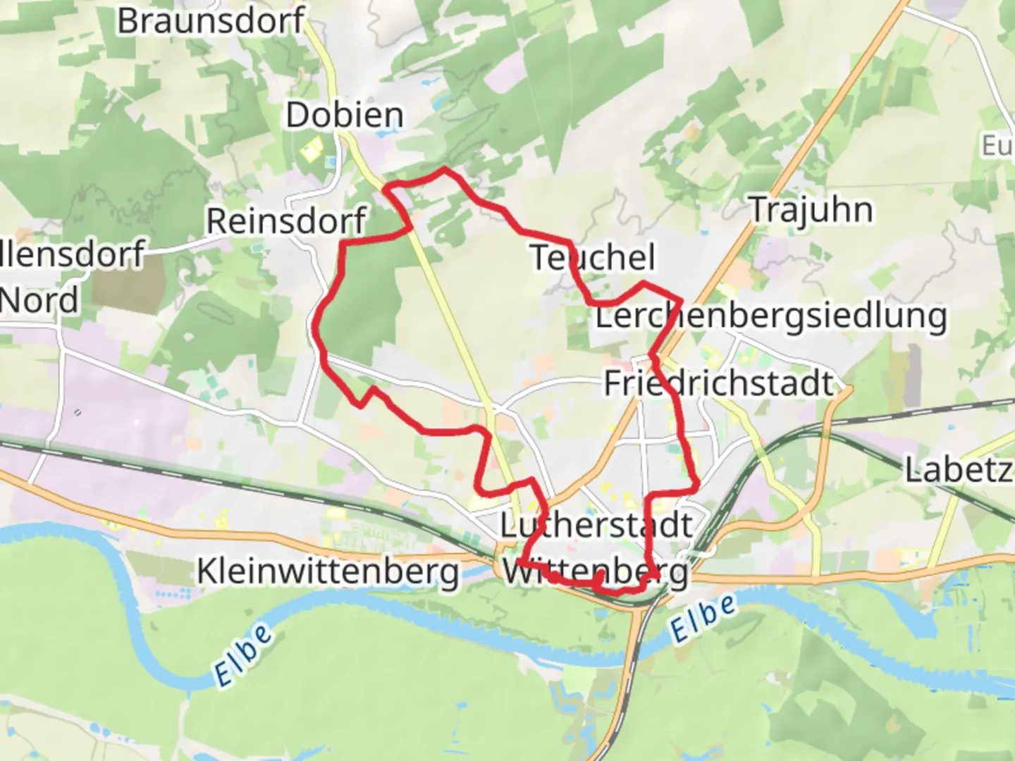 An image depicting the trail Lutherstadt Wittenberg Loop and its surrounding area.