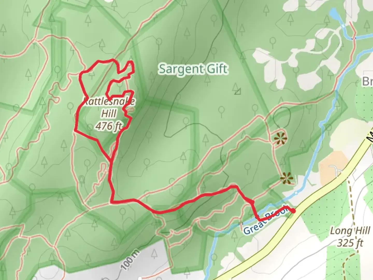 An image depicting the trail Rattlesnake Hill via Boulder Trail and Bob Horton Trail and its surrounding area.